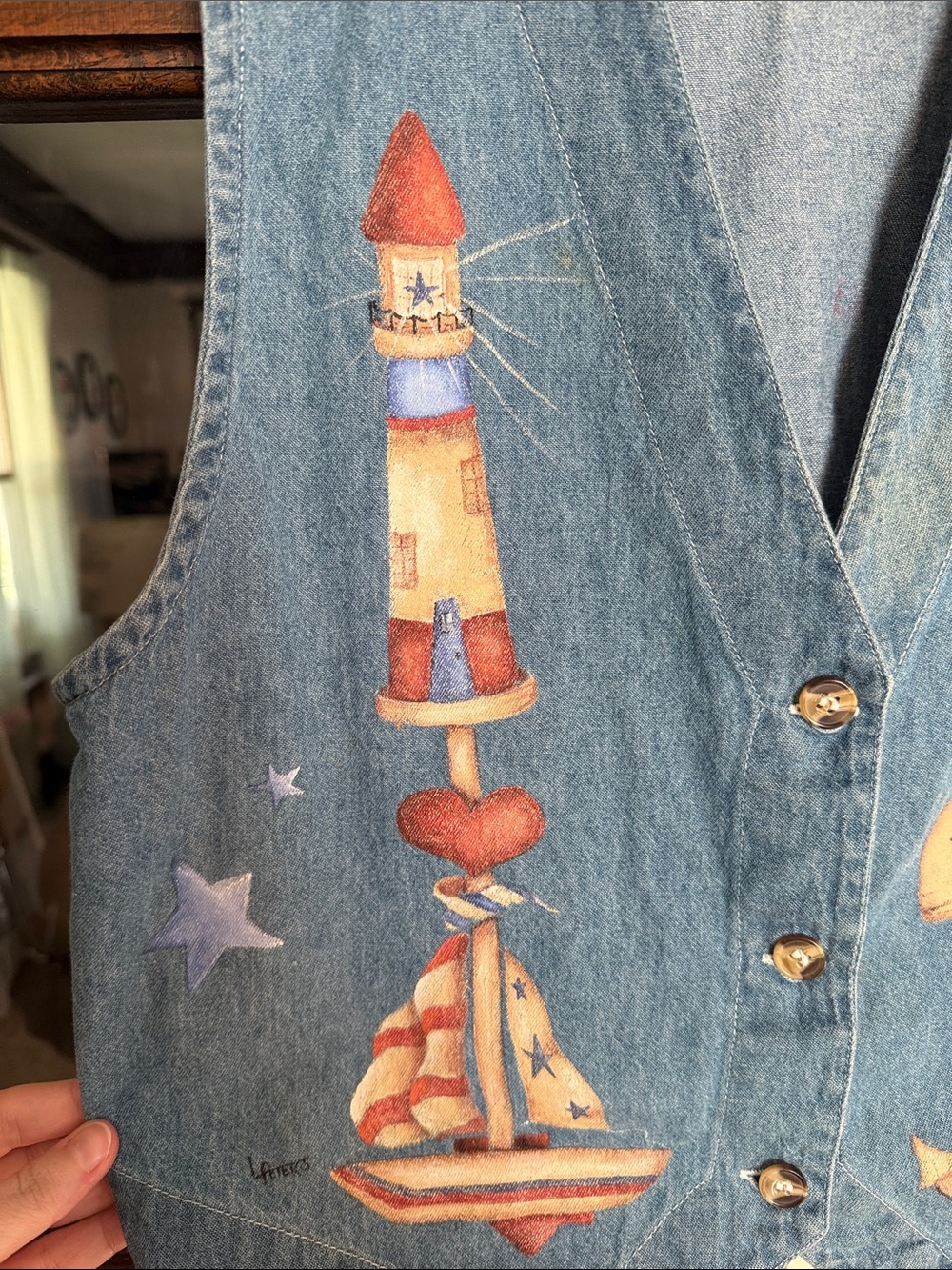 Vintage Blue Diamond Hand Painted Nautical Denim Vest Lighthouse Whale Small - Picture 4 of 6
